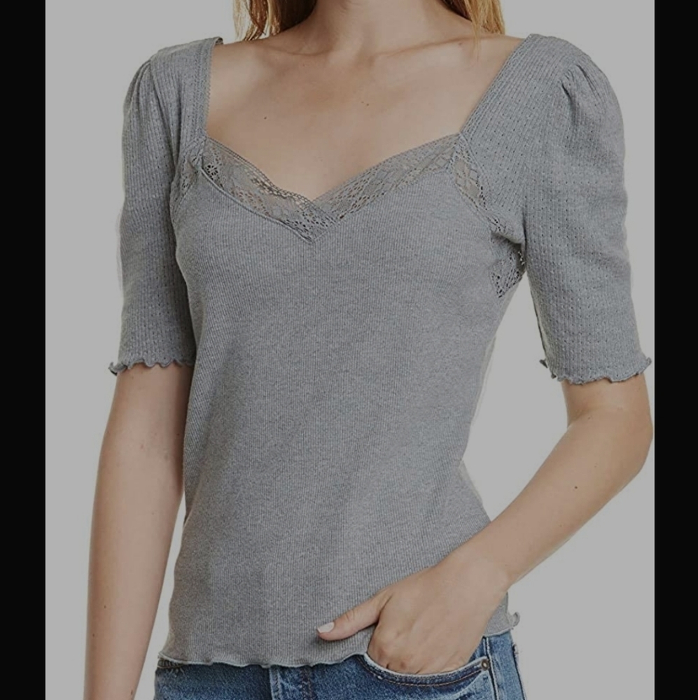 Free People Margaux NWT Small Grey Ribbed Lace Top